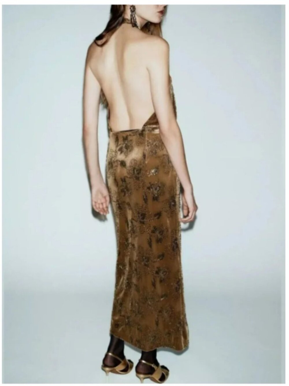 Zara Velvet Halter Sequin Midi Dress Ocher Gold Floral Beaded Plunging Open Back